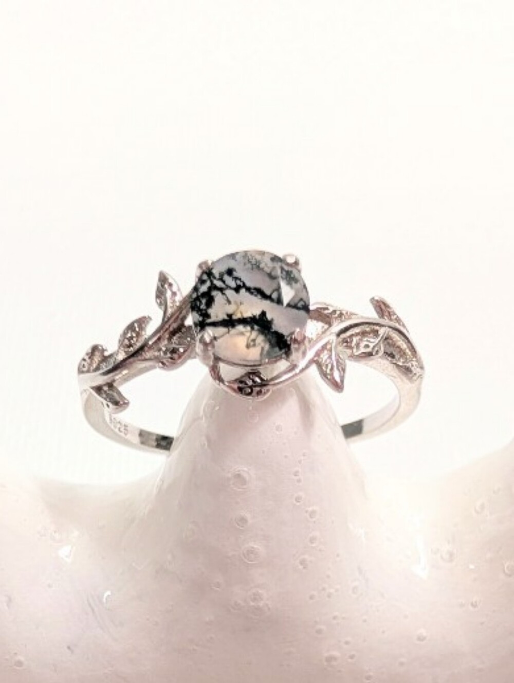 Sterling Silver Round Moss Agate Vine Leaf Branch Ring Size 8